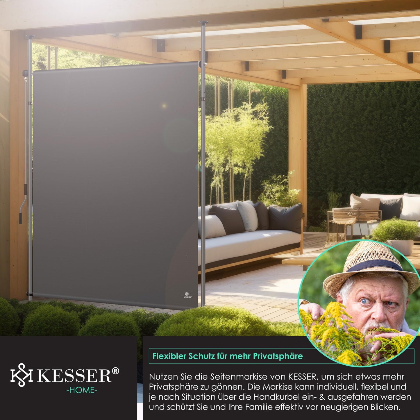 KESSER® Klemmmarkise Senkrechtmarkise außen 200x310cm Ausziehbar & Blickdicht | Vertikalmarkise mit Handkurbel ohne Bohren | Balkon-Sichtschutz & Windschutz für Garten & Terrasse Wasserfest Anthrazit