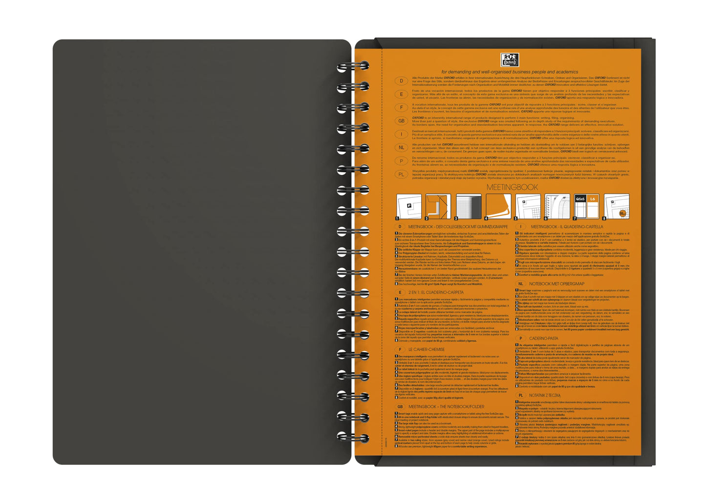 Oxford Meetingbook International B5, kariert, 160 Seiten, mit Gummizugmappe und 3 Einschlagklappen