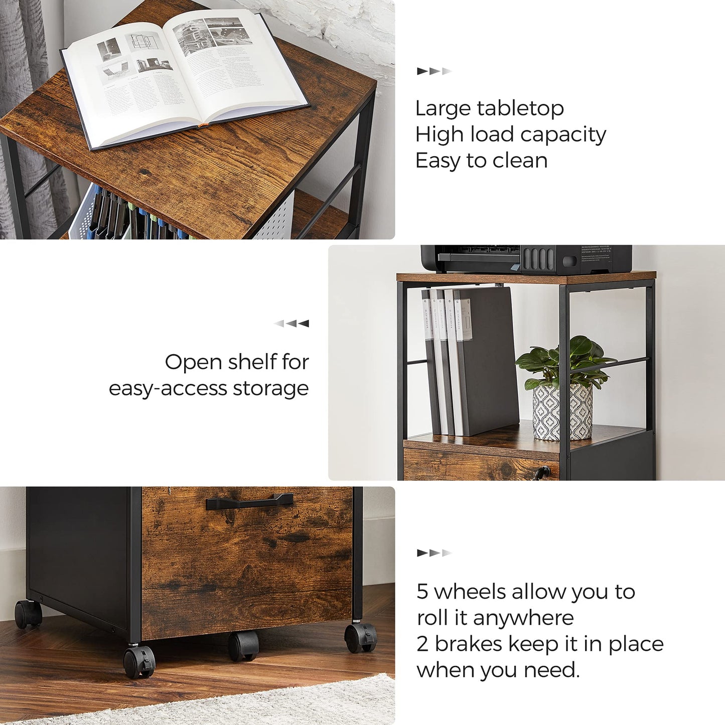 VASAGLE Aktenschrank mit 1 Schublade, Aktenschrank mit Schloss, Druckerständer, Büro-Aktenschrank-Organizer, für A4- und Briefformat, rustikales Braun und Schwarz UOFC044B01