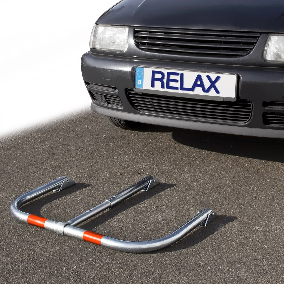 Relaxdays Parkplatzsperre klappbar, Parkbügel mit Vorhängeschloss, Stahl, HBT: 45x76x32cm, Sperrbügel Parkplatz, silber