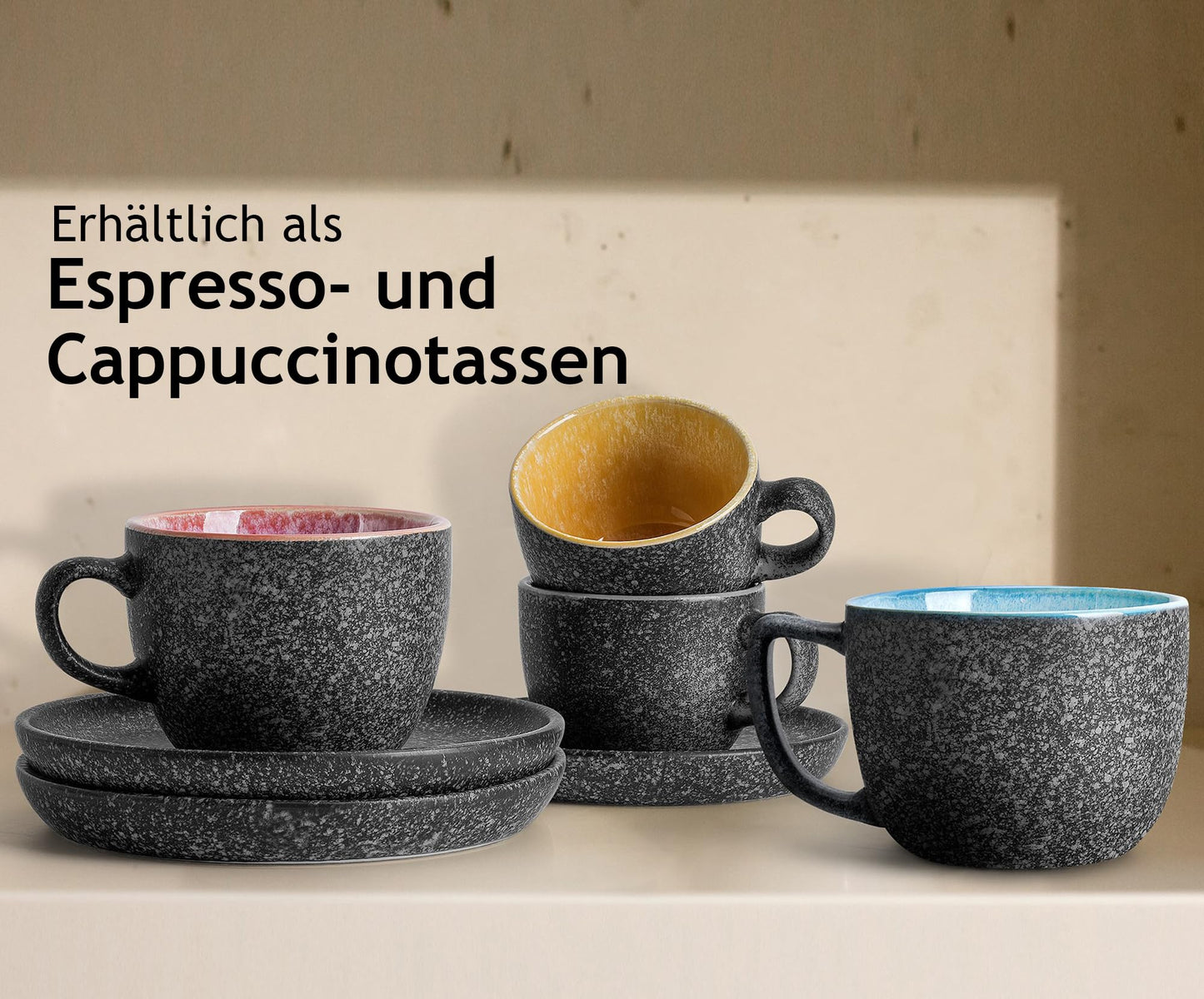 MIAMIO - 190 ml stapelbare Cappuccinotassen aus Keramik mit Untertassen und Metallständer - 6er Tassen aus Steingut für Kaffee, Americano, Latte, Café Mocha und Tee - Las Palmitas Collection