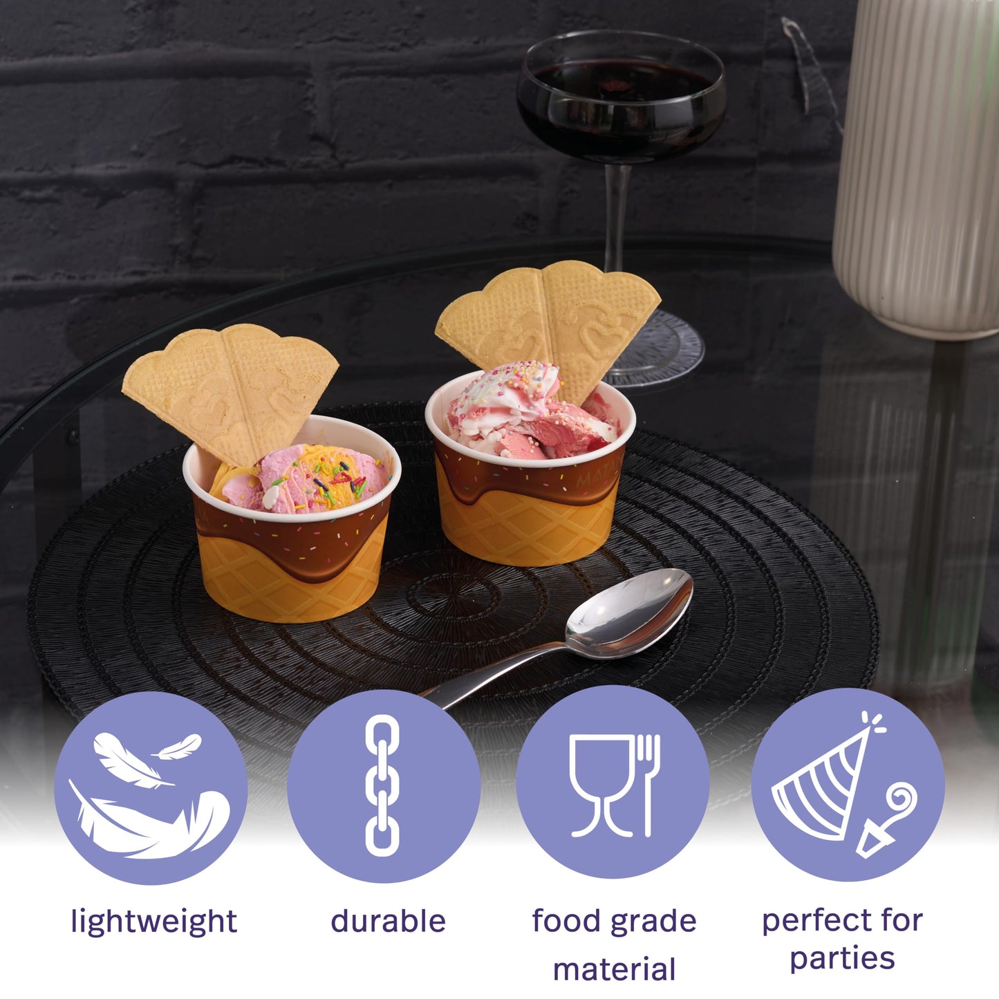 MATANA 50 Eisbecher aus Pappe für Partys & Kindergeburtstags (240ml) - Eiswaffel Design - Waffelbecher, Eisschalen, Dessertschalen Einweg, Eisbecher Waffel, Eis Pappbecher