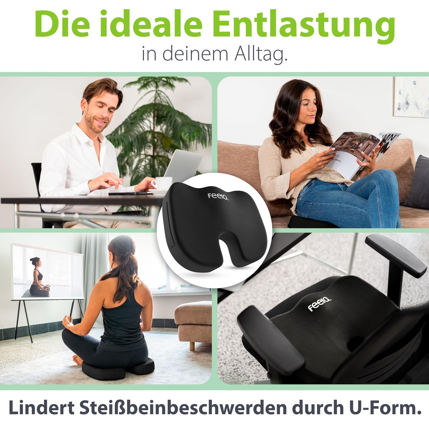 feela.® Orthopädisches Sitzkissen [3 Härtegrade] - Ergonomisches Sitzkissen für Bürostuhl & Co - Wirkt Schmerzreduzierend, Erhöht Sitzkomfort, Fördert Durchblutung und Entlastet das Steißbein (Medium)