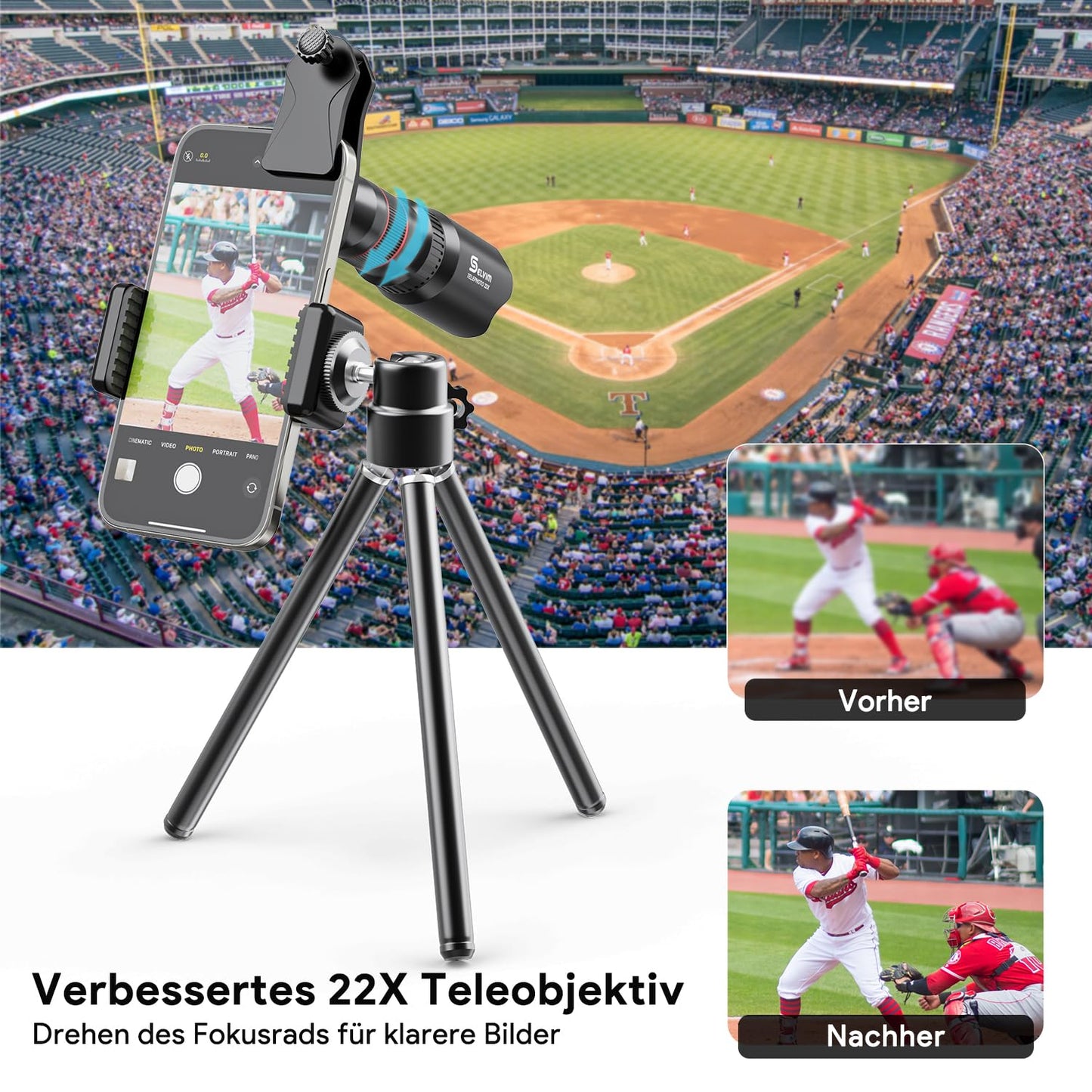 Selvim Handy Objektiv Linse Kit Lens Set 22X Teleobjektiv, 25X Makro Objektiv, 0,62X Weitwinkel, 235° Fischaugenobjektiv für iOS iPhone und meisten Android Smartphone Schwarz