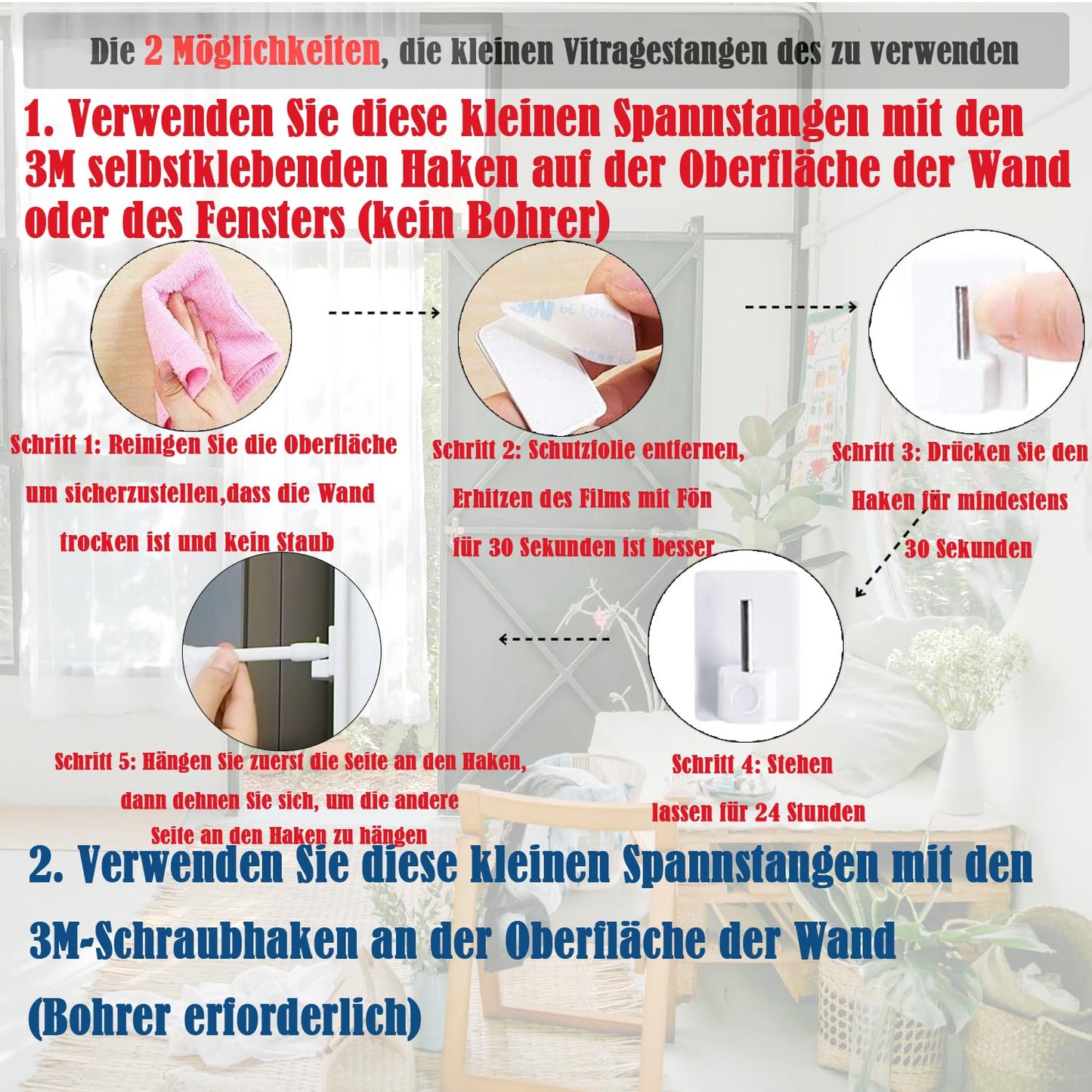 2 Stücks Gardinenstange Ausziehbar, Genster Gardinenstange, Ausziehbare gardinenstange, für Store,Schrank,Fenster, Küche, DIY-Projekte(40-70CM,Weiß)