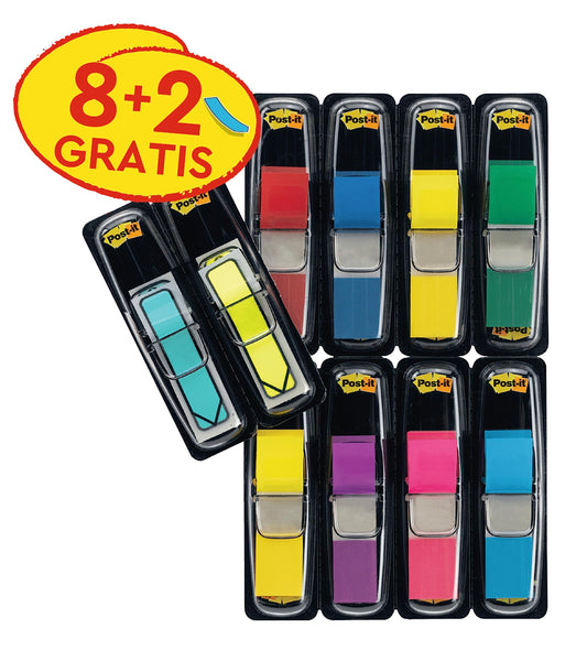 Post-it Index Small Flags, Vorteilspackung mit 8 Blöcken & 2 Pfeilblöcke gratis, 328 Blätter, 11, 9 mm x 43, 2 mm, Farben: Gelb, Rot, Grün, Blau, Lila, Pink - Für wichtige Informationen , 10 Stück (1er Pack)