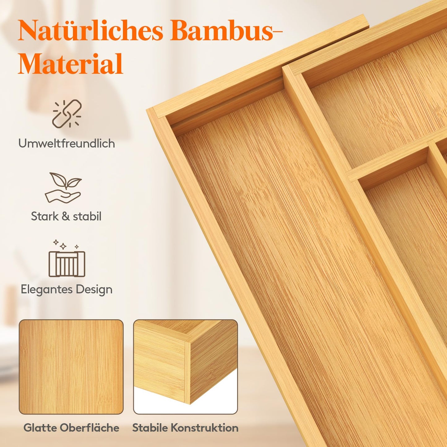Lifewit Besteckhalter, Erweiterbarer Utensilienhalter für Schublade, Verstellbarer Besteckkasten, Kompakt Besteckeinsatz für Schubladen aus Bambus für Löffel, Gabeln, Messer, Groß, Naturfarbe