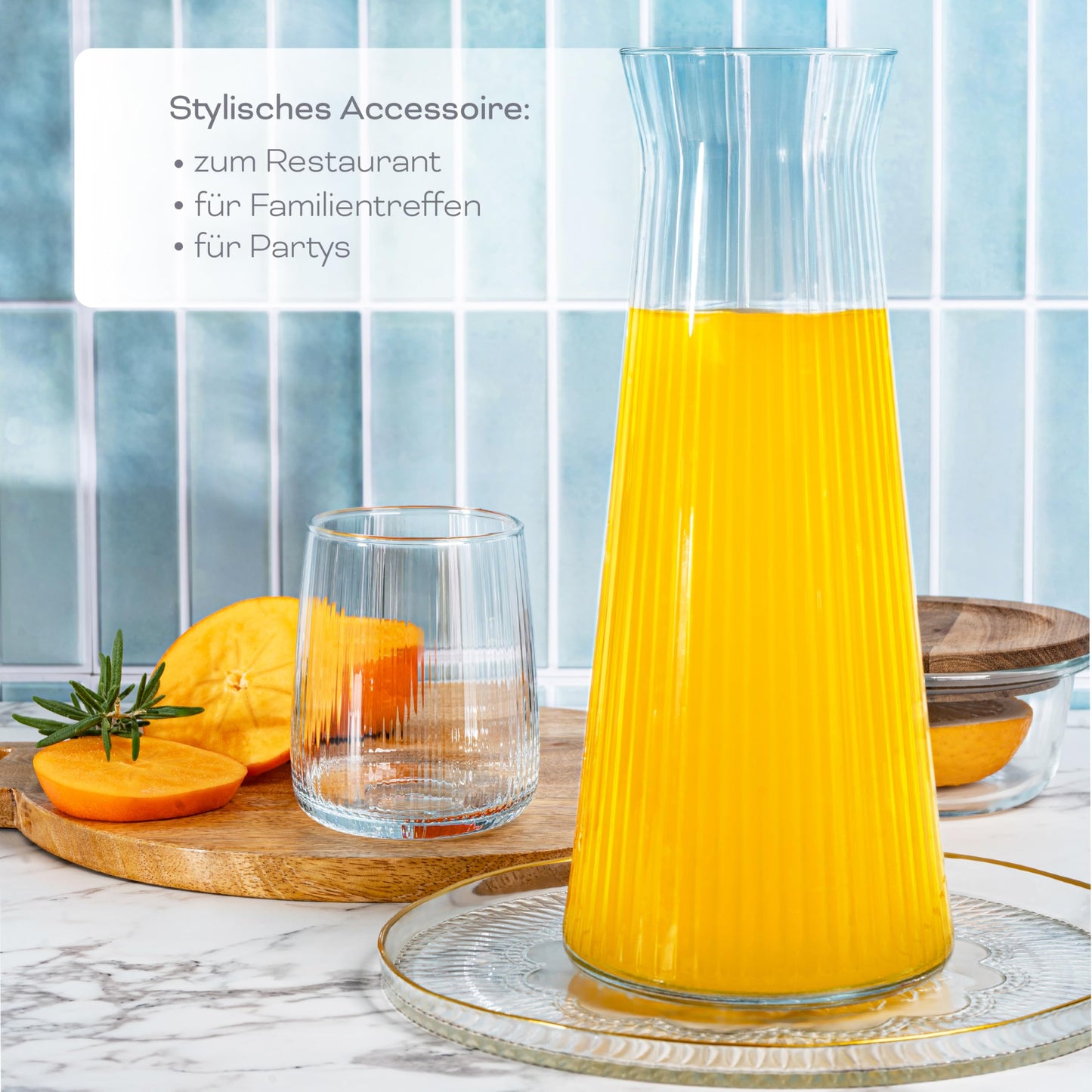KONZEPT Wasserkaraffe 2er Set, Glaskaraffe 1 liter, geriffelte, Wasser Karaffe Glas ohne Deckel