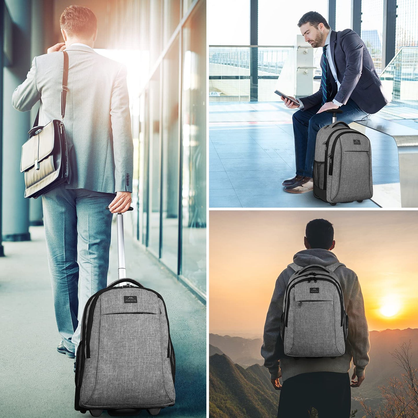 MATEIN Schulrucksack mit Rollen, Business Trolley Leicht Handgepäck Flugzeug Reiserucksack Herren 17 Zoll Laptoptasche Reisetasche mit Rädern Damen Schultrolley Wheeled Backpack für Arbeit, Uni, Grau