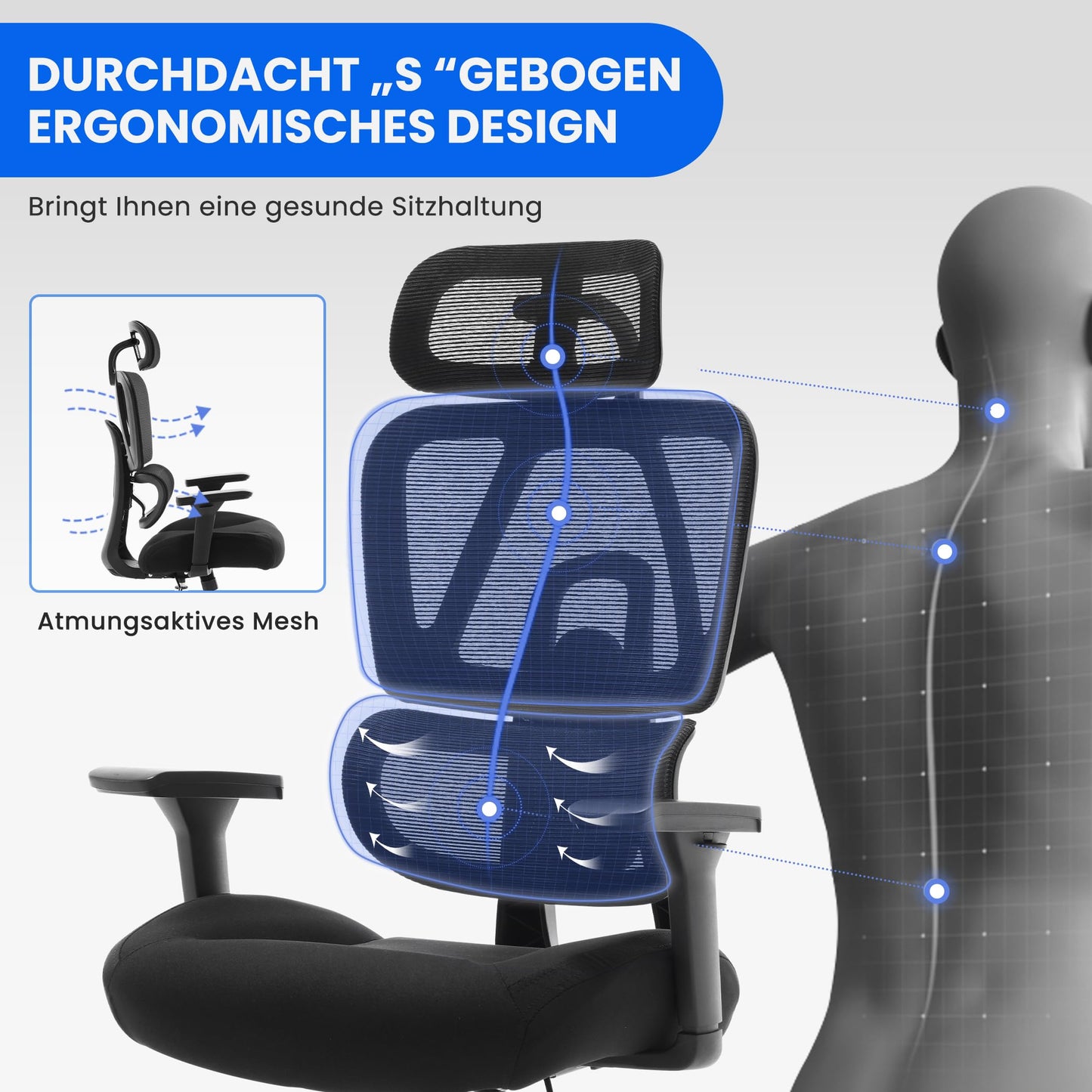 Fantasylab 3D Ergonomischer Bürostuhl 200KG Großer und hoher Bürostuhl mit 3D Weiches Kissen 4D Armlehnen Schreibtischstuhl Mesh Bürostuhl für Haus und Büro Atmungsaktiver Netz-Chefsessel