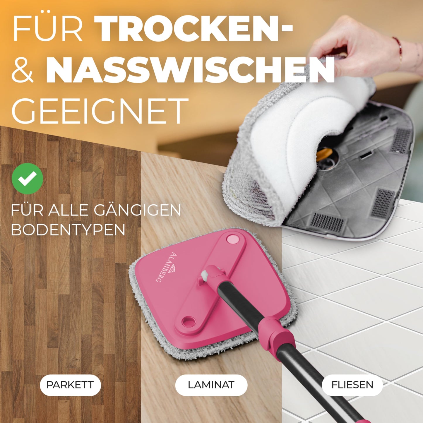 ALANBERG® Wischmopp Set mit Eimer – 2-Kammer-System für Schmutz- & Frischwassertrennung – Selbstauswringend, Mikrofaser Wischpads – Bodenwischer für alle Böden, Rosa