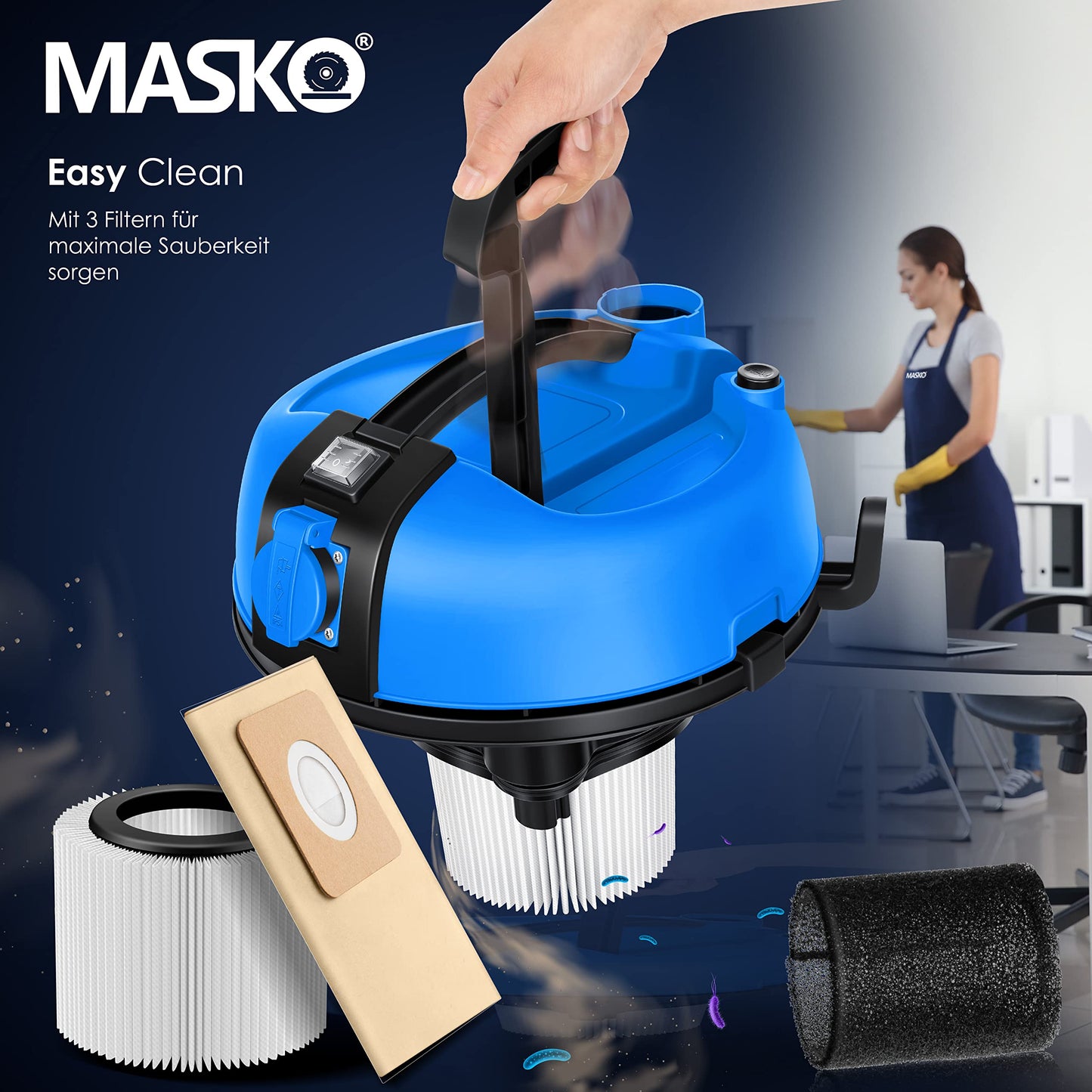 MASKO® Industriestaubsauger Staubsauger Nass Trocken Sauger Edelstahl 2300W + Steckdose | Blasfunktion | Push&Clean | Industrie-Sauger mit & ohne Beutel | beutellos Blau