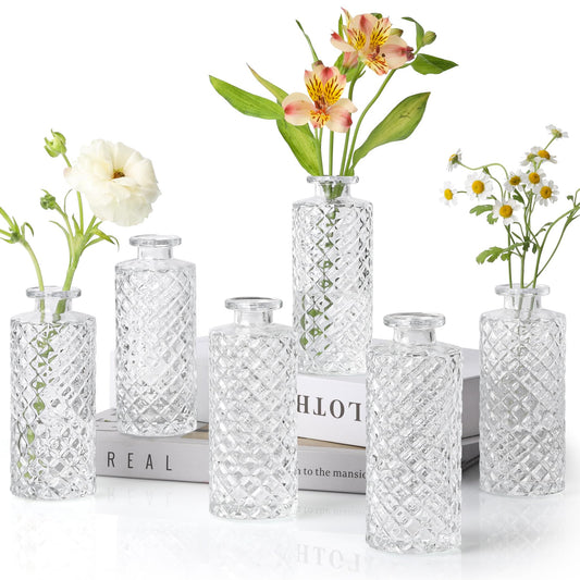 ComSaf Vase Klein Set 6-Teilig, Blumenvase, Vasen Deko Set, Kleine Glasvasen für Tischdeko, Mini Vasen Glas, Hochzeitsdeko, Diamant Knospenvasen, Teelichtgläser, 13cm Hoch, Transparent