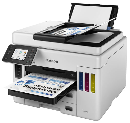 Canon MAXIFY GX7050 MegaTank Multifunktionsdrucker 4in1 (Tintenstrahl, Drucken, Kopieren, Scannen, Faxen, A4, WLAN, LAN, 6,7 cm LCD Touch, Duplex-Druck und -Scan, niedrige Druckkosten, 600 Blatt) weiß