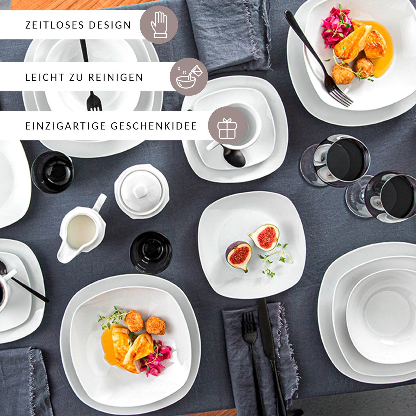 SÄNGER | Tafelservice Bilgola Weiß, 18-teiliges Geschirrset für 6 Personen mit Suppen-, Dessert-, & flachen Tellern aus Porzellan | PREMIUM COLLECTION