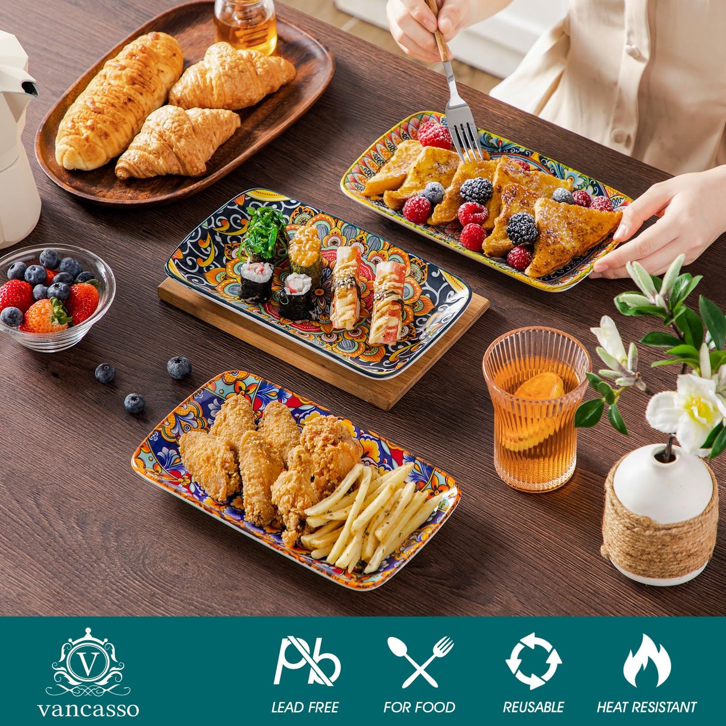 vancasso Servierplatten Porzellan, SIMI Rechteckige Teller Set, 6 teiligs Böhmischer Speiseteller, Dessertteller 6 Personen 24,7 x14,2 x H 3,1cm