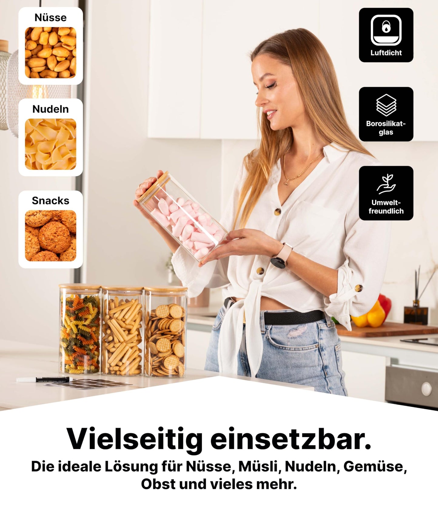 Deco haus® Vorratsgläser mit Deckel 4er Set [+ETIKETTEN] - Für Müsli, Zucker, Mehl - Vorratsdosen Glas, luftdicht - Aufbewahrungsglas - Aufbewahrungsbox Küche Vorratsbehälter