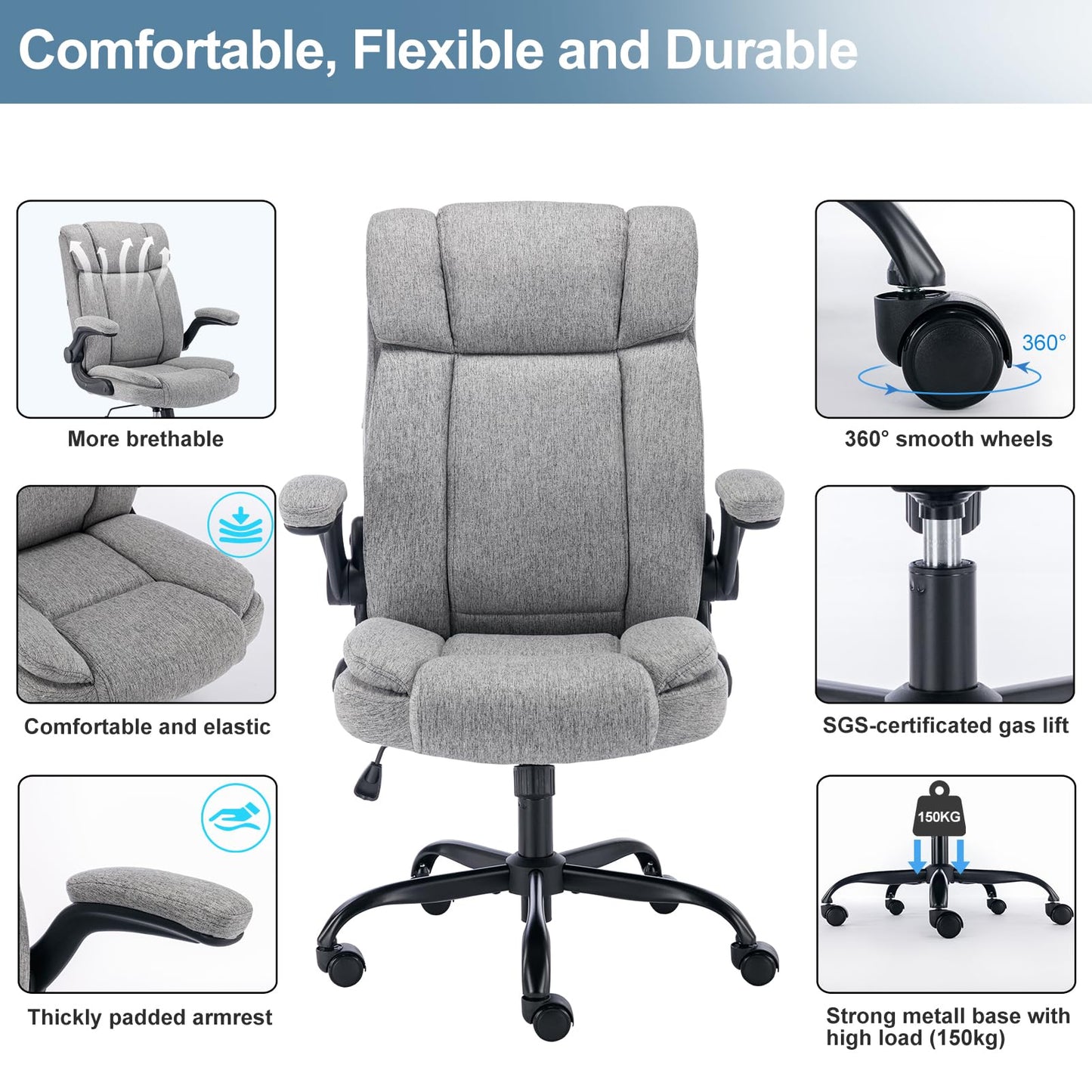 LIYURUI Bürostuhl Ergonomischer 150KG Belastbarkeit Chefsessel Stoff Flip-up Armlehnen/110° Schaukeln Chefsessel mit Hoher Rückenlehne und Breitem Sitz Schreibtischstuhl, Grau