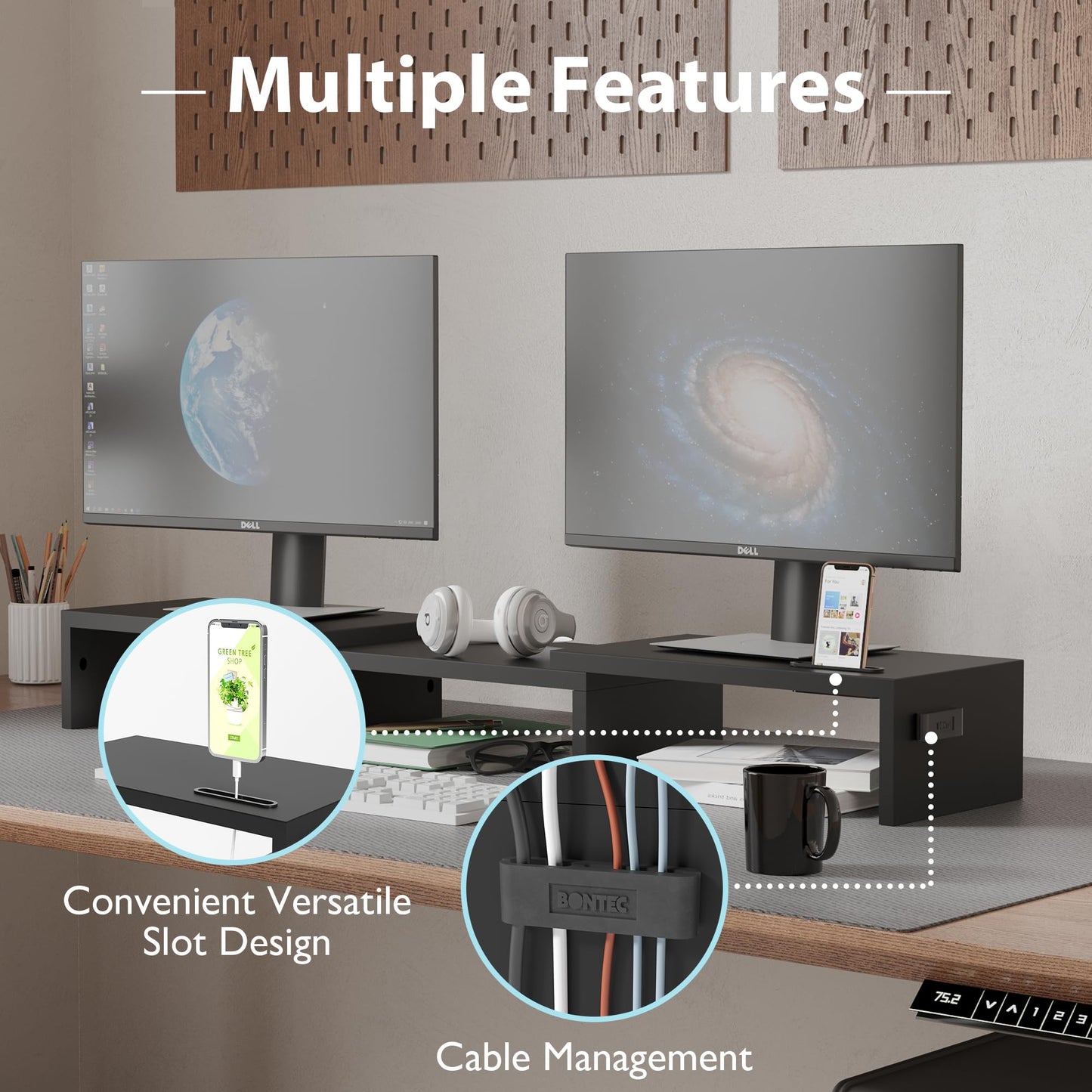 BONTEC Dual Monitor Stand Riser, Desktop Monitorständer mit Smartphone-Halter, Verstellbare Länge und Schwenkwinkel Holz Desktop Organizer, für PC Monitor Laptop Drucker