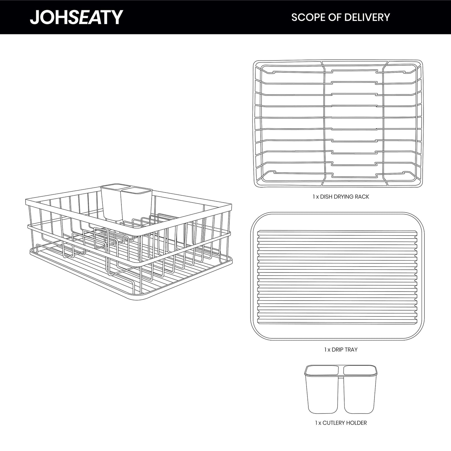 JOHSEATY Abtropfgestell Geschirr Schwarz Matt Metall (42x31,5x15,5cm) Geschirrabtropfgestell mit Besteck Halterung und Abtropfschale aus Plastik für die Spüle Geschirr Abtropfständer