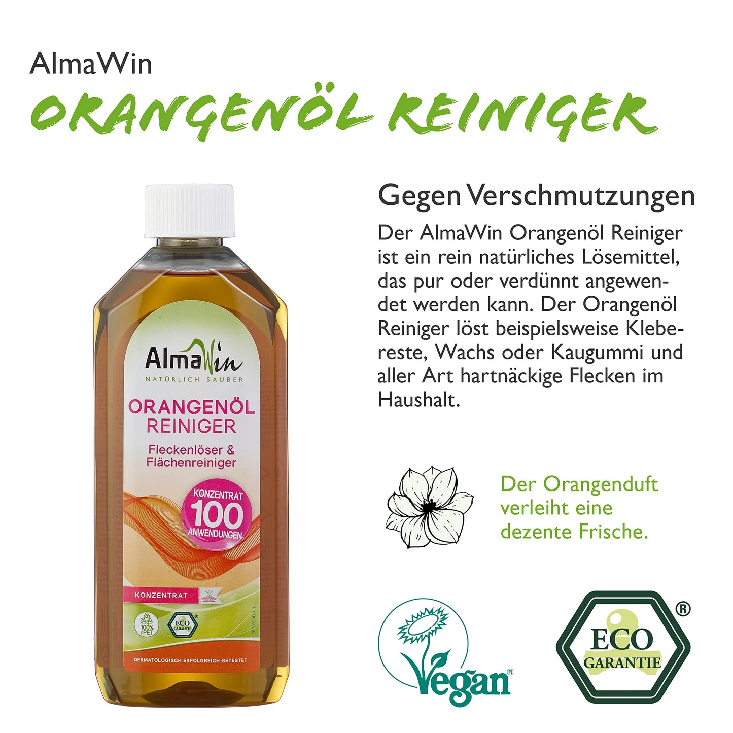 AlmaWin Öko Orangenöl-Reiniger 500ml, fettlösend, Konzentrat, über 100 Anwendungen, vegan