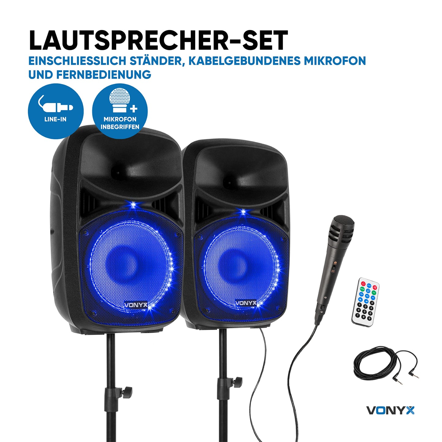 VONYX VPS102A, Partyboxen mit Stativen 600 Watt, Bluetooth, LED, Mikrofon, PA Lautsprecher Set mit Ständer, 10 Zoll Aktivboxen, USB, SD, MP3, PA Anlage Komplettset, DJ Boxen, Stativ Lautsprecherset