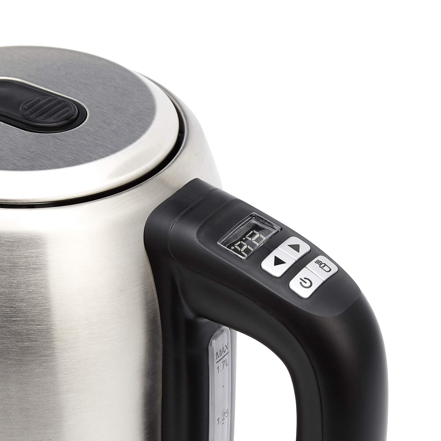 Amazon Basics Edelstahlwasserkocher mit Digitalanzeige, Strix-Controller, Warmhaltefunktion, Temperaturregelung, 1,7 l (EU-Stecker), Silber