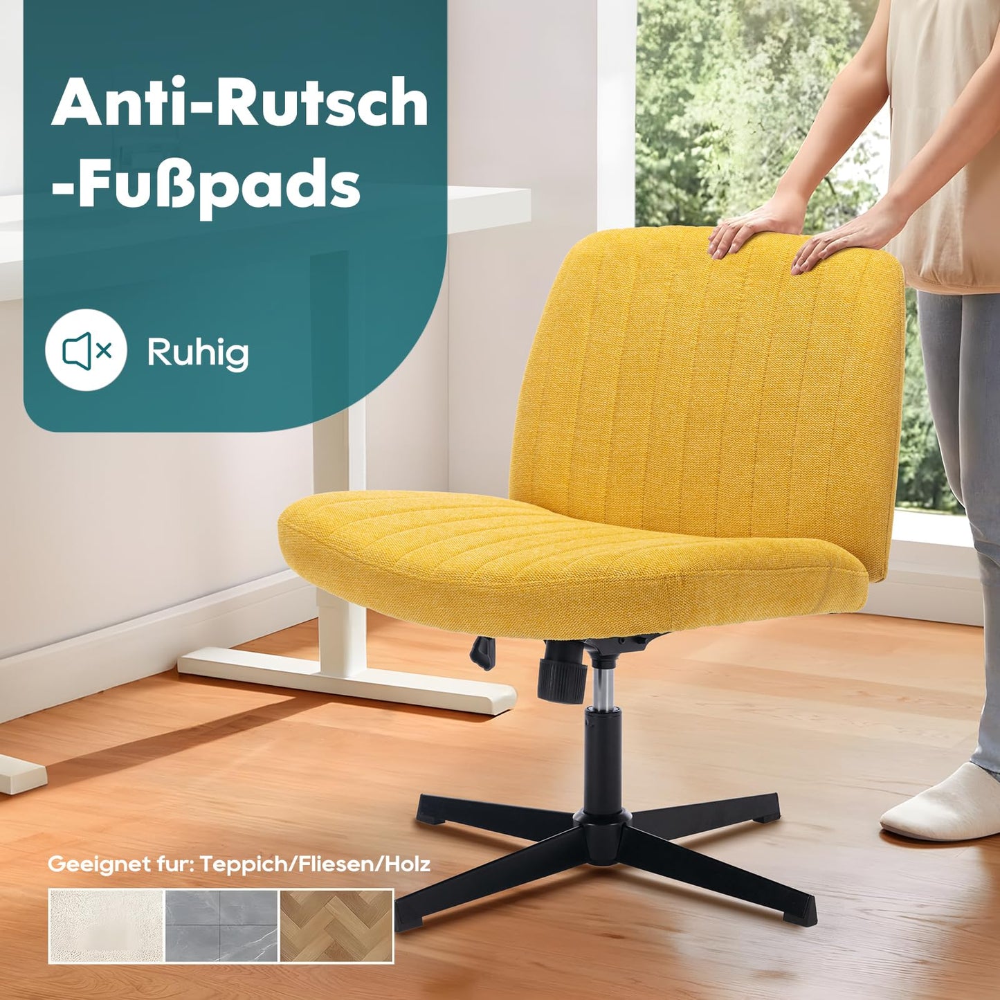 COLAMY Breiter Bürostuhl, Gepolsterter Armloser Schreibtischstuhl Drehbarer Home Office Stuhl 115° Wippfunktion Ergonomischer Computerstuhl für Home Office, Schminken, Gaming (Kreuzfuß, Gelb)