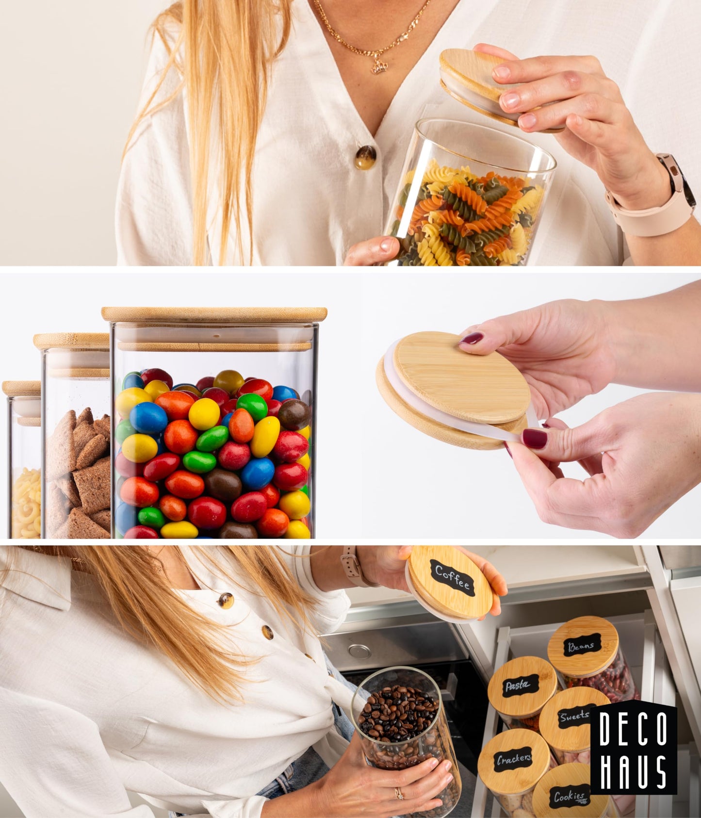 Deco haus® Vorratsgläser mit Deckel 4er Set [+ETIKETTEN] - Für Müsli, Zucker, Mehl - Vorratsdosen Glas, luftdicht - Aufbewahrungsglas - Aufbewahrungsbox Küche Vorratsbehälter