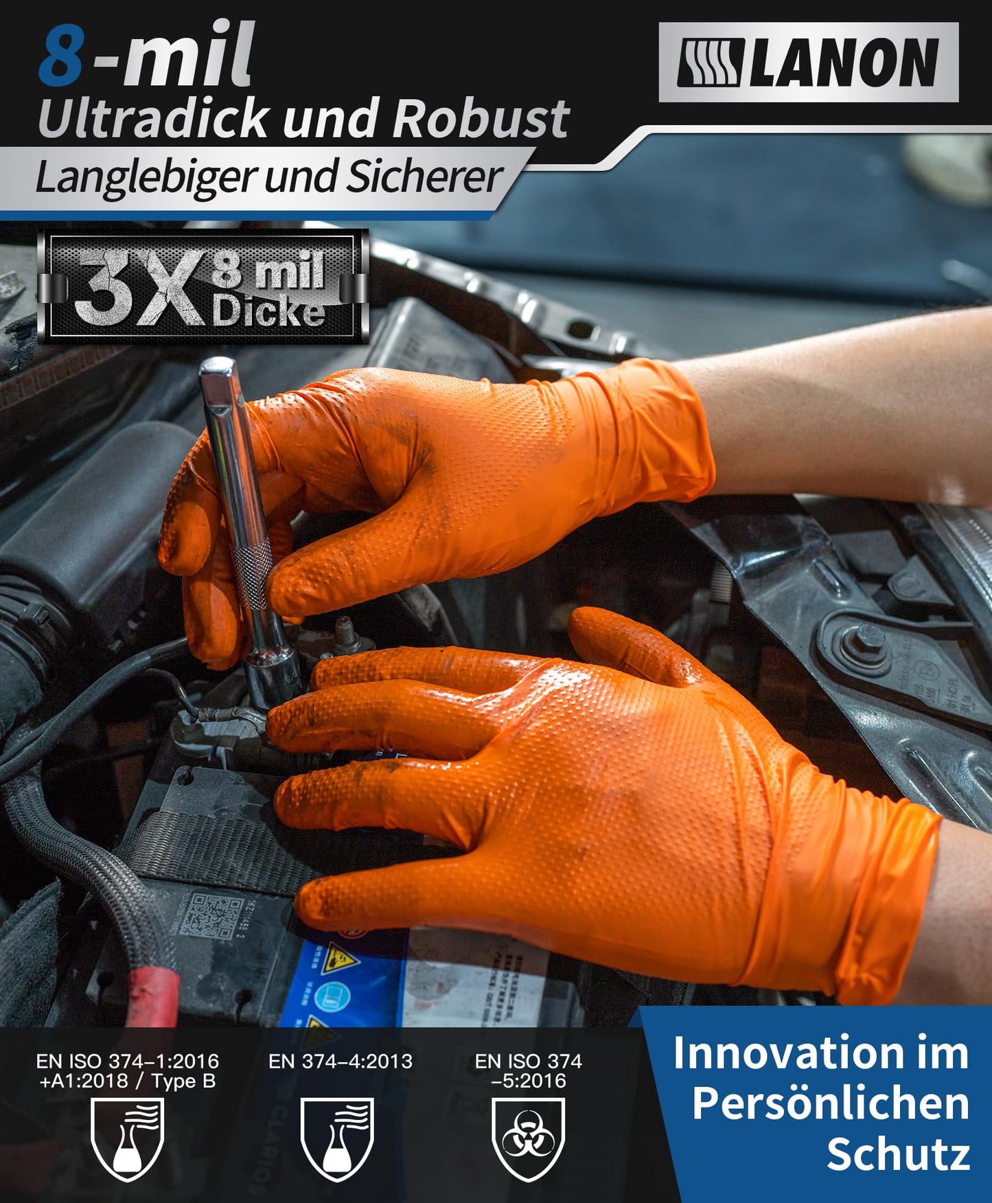 LANON 8 Mil Orange Einweghandschuhe Nitrilhandschuhe, Mechaniker, Langlebig, Lebensmittelecht, Latexfrei, Puderfrei, Volldiamantbeschichtet, L