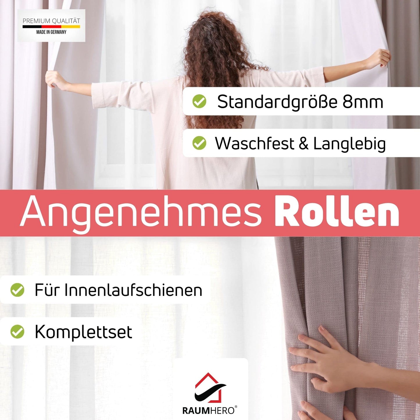 Raumhero® Gardinenröllchen für Schiene (Komplettset 100x Gardinenhaken inkl. 6X Stopper) - 8mm Standardmaß Gardinengleiter - Gardinenhaken für Schienen - 100% Made in Germany