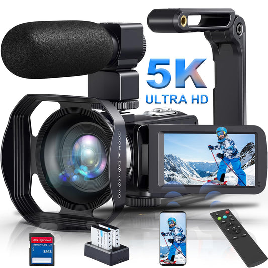 Videokamera 5K HD 64MP WiFi Camcorder für YouTube, 30FPS Webcam IR Nachtsicht Vlogging Kamera, 18X Digitalzoom 3,0 Touchscreen Video Camera mit SD-Karte, 2 Batterien, Fernbedienung, und Stabilisator