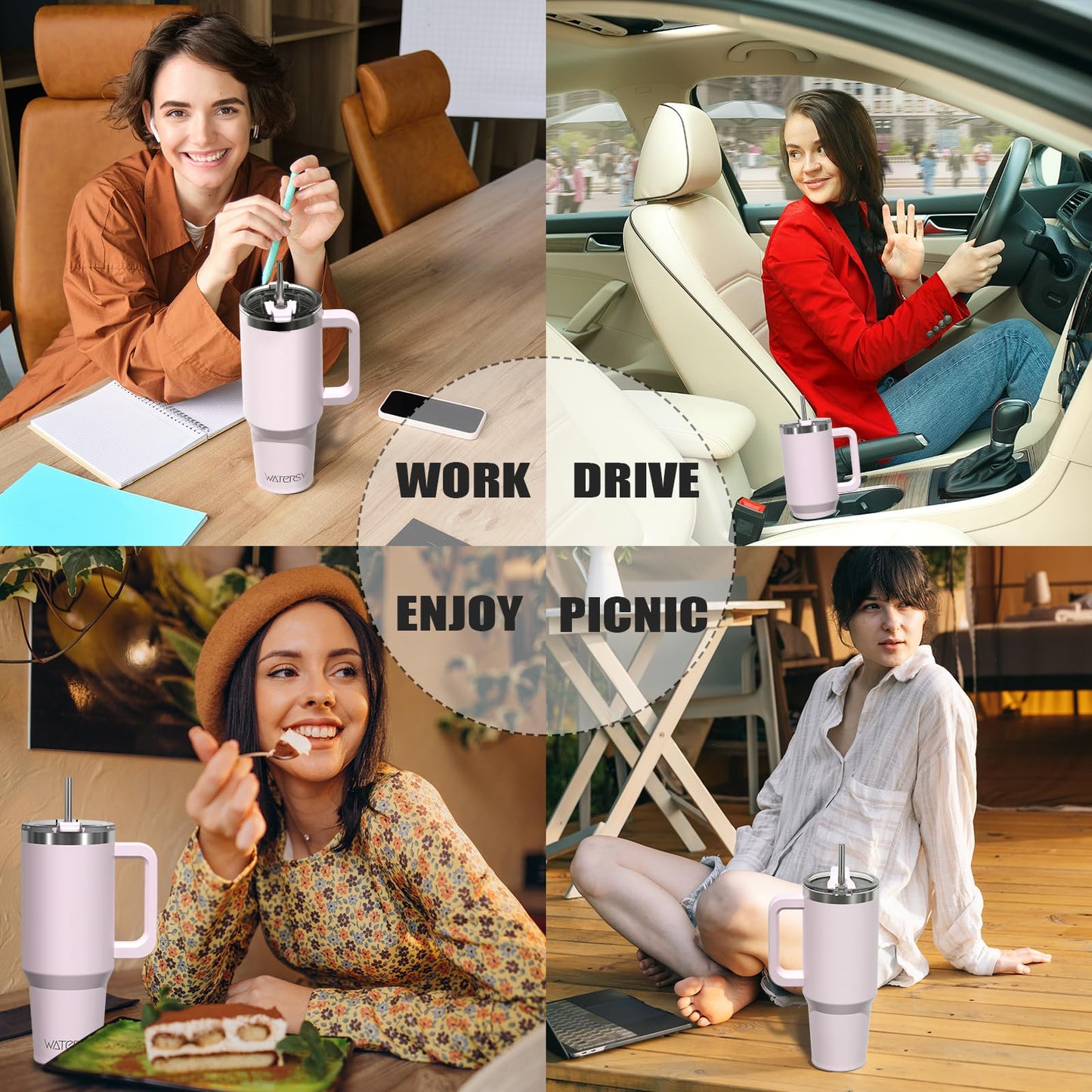 WATERSY 40oz Kaffeebecher to Go Thermobecher Doppelwandiger Edelstahl Vakuum Auslaufsicher Trinkbecher mit Griff und Strohhalm Thermo Tumbler Rosenpulver