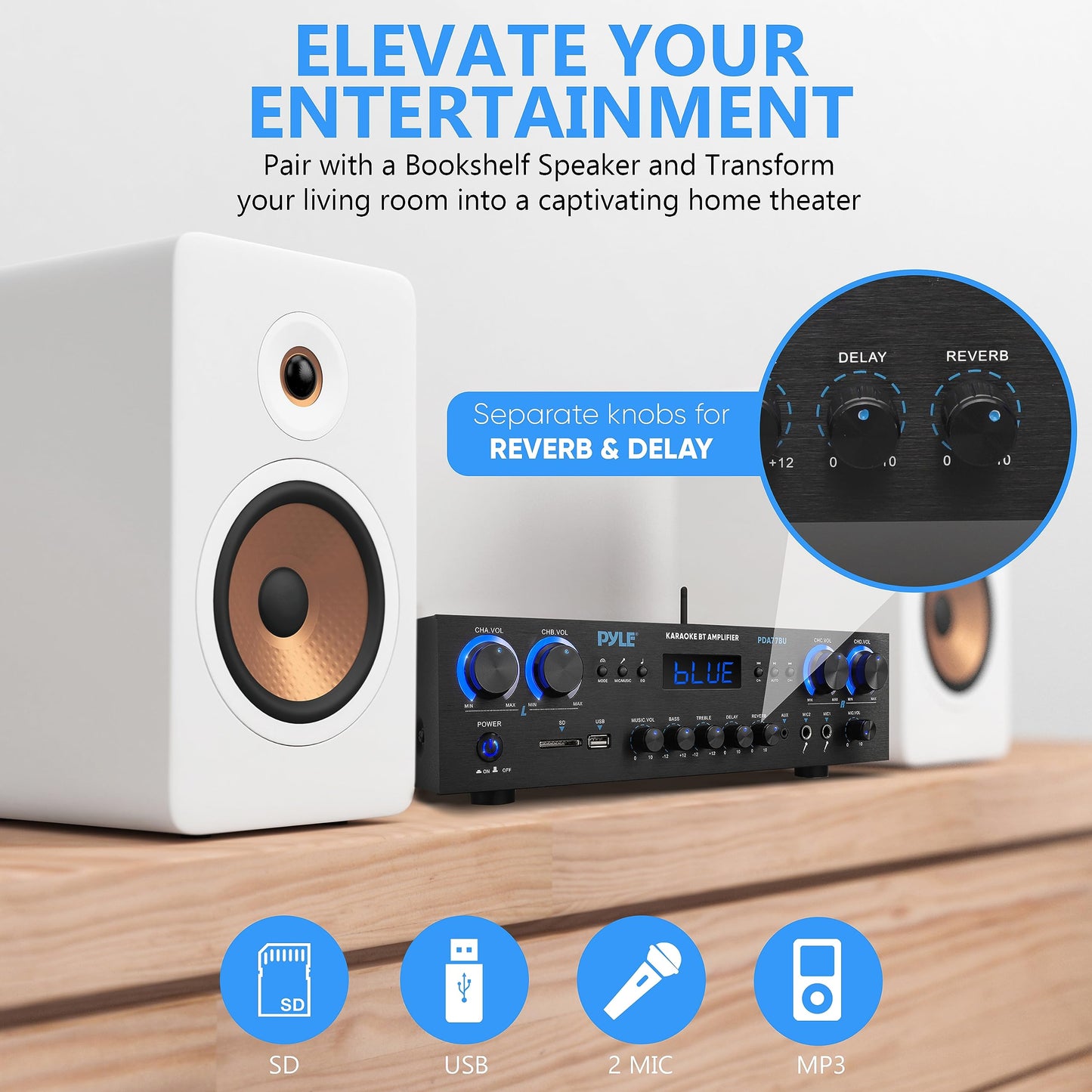Pyle 800-Watt Heimkino-Verstärker Stereo-Receiver mit Bluetooth-Streaming, unabhängiger Mikrofon-Echo- & Lautstärkeregelung, MP3/USB/SD/AUX/FM-Radio