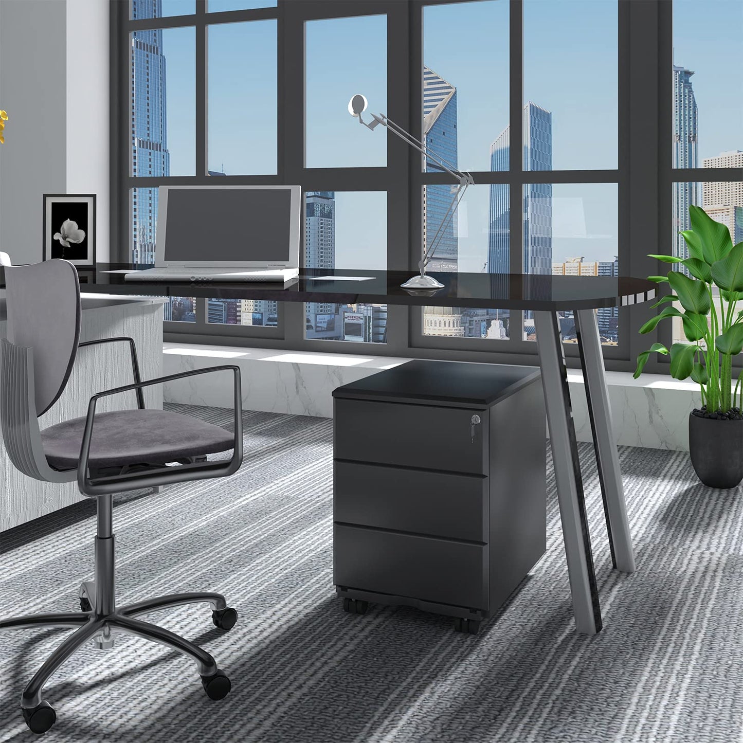 WOLTU Rollcontainer Metall, Mobiler Aktenschrank Büroschrank mit 3 Schubladen Bürocontainer, abschließbares und verstellbares Hängeregister, vormontiert, Büro, Home Office Schwarz SK024sz