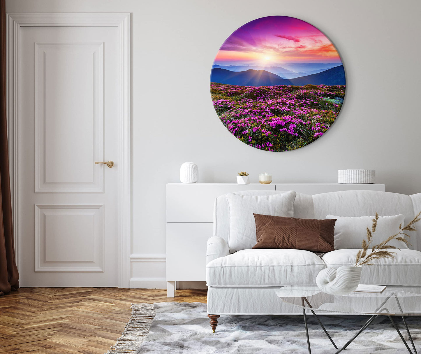murando - runde Bilder Landschaft Fuchsia 80x80 cm Leinwandbild 1 tlg Kunstdruck modern Wandbilder XXL Wanddekoration Design Wand Bild Wiese Gebirge Natur Sonnenaufgang c-B-10005-bc-a