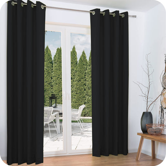 Beautissu 2er Set Thermovorhang Gardine 140x245 cm Schwarz – Ösen Thermogardine Set – Ösenvorhang isolierend Kälte- & Hitzeschutz – Vorhang verdunkelnd Wohnzimmer, Schlafzimmer – Amelie to