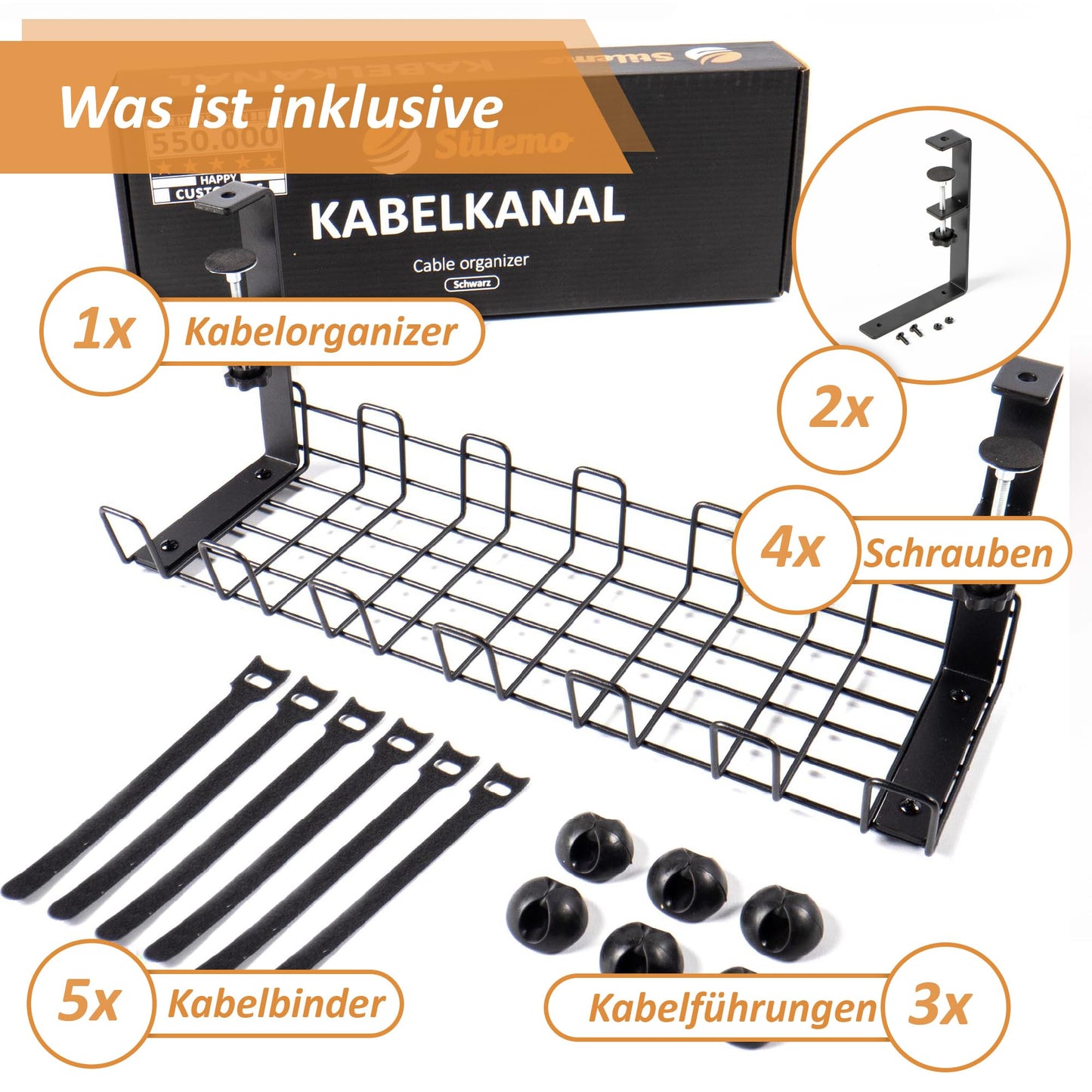 Stilemo Kabelkanal Schreibtisch ohne Bohren - Kabelmanagement Schreibtisch für Ordnung am Arbeitsplatz ohne Schrauben - Kabelhalter Kabelwanne Tisch - Kabelkanal mit Klemme - 39x13x16cm - Schwarz