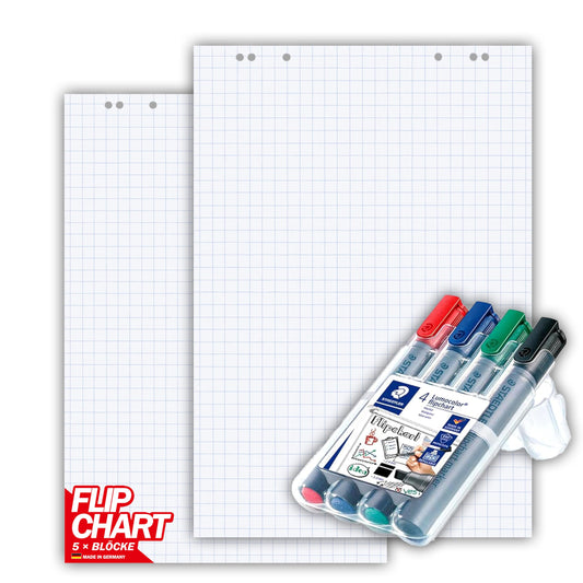 Conipa® - 5 x Set Flipchart Papier Block 68x99 cm weiß (KARIERT) 80 g/qm - 5 Blöcke à 20 Blatt INKL. 4 x Flipchart-Stifte (Marker) - Whiteboard-Papier & Blöcke - Board Paper für Charts & Meetings