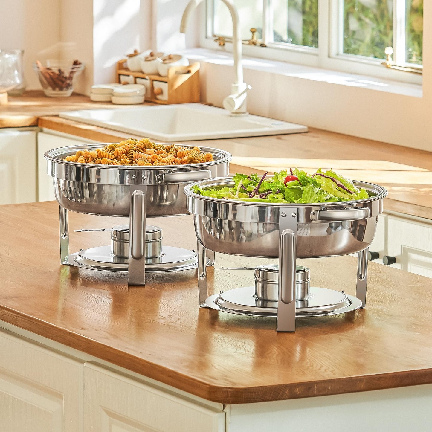 Wilprep 2er Set Rund Chafing Dish Set 5L Speisenwärmer Edelstahl Buffet Wärmebehälter Suppenwärmer Bain Marie Speisen Warmhaltebehälter für Restaurants, Buffets, Schulen