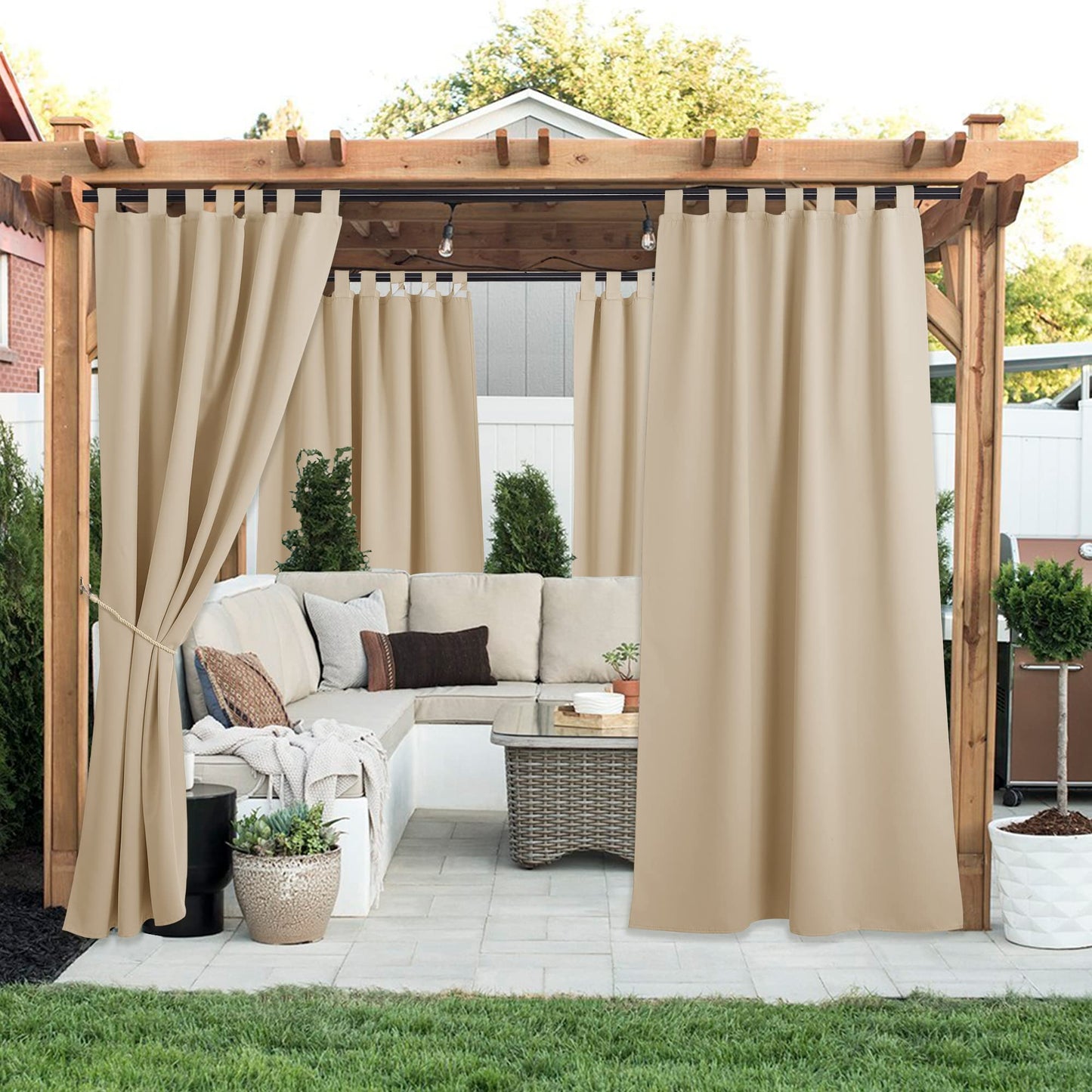 PONY DANCE Outdoor Gardinen Wetterfest 2er Set H 213 x B 132 cm Outdoor Vorhang mit Abnehmbaren Schlaufen Wasserdichte Outdoorvorhänge Sonnenschutz für Terrasse, Biscotti Beige