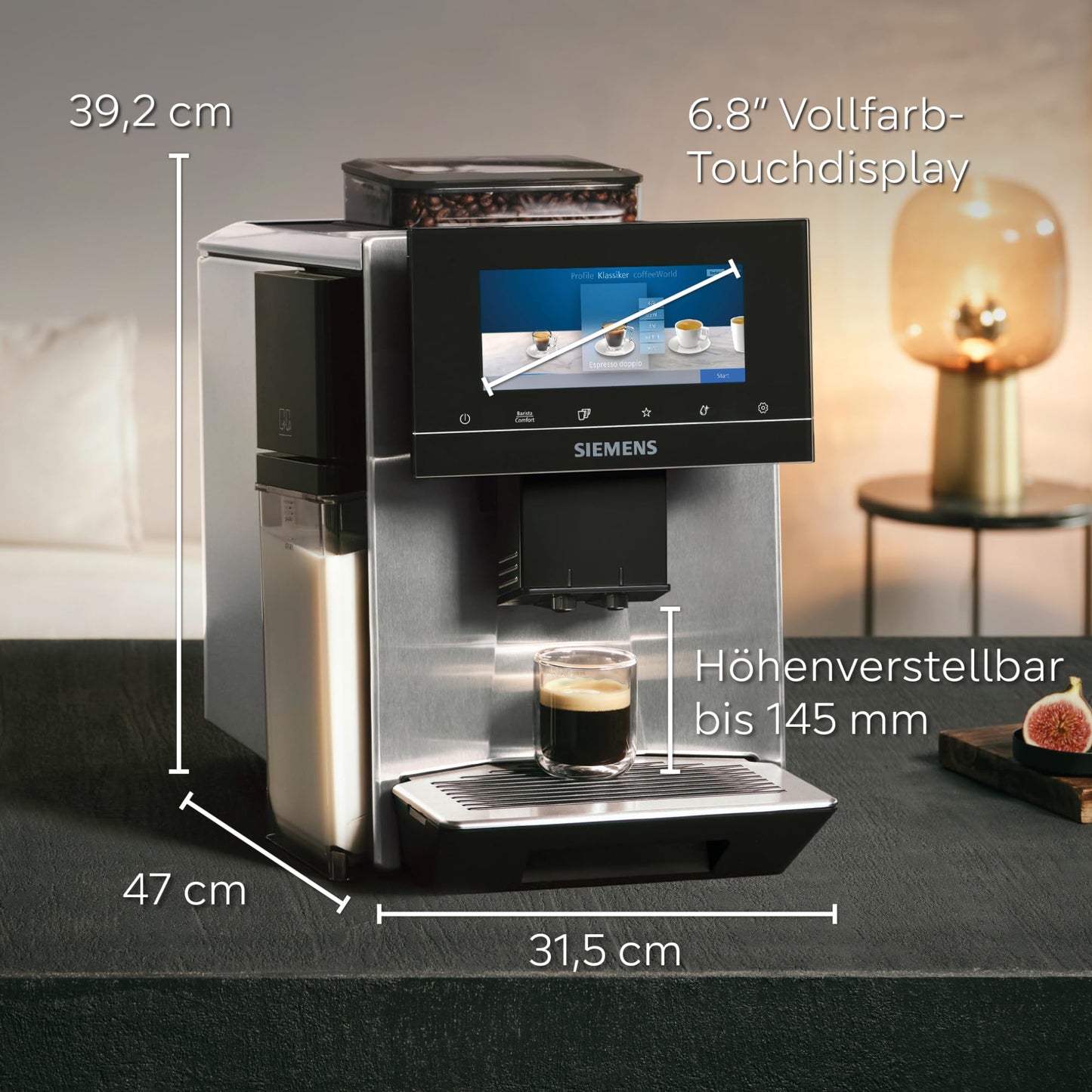 SIEMENS Kaffeevollautomat EQ900 plus TQ903DZ3, automat. Reinigung und Entkalkung, App-Steuerung, intuitives Full-Touch-Display, Barista-Modus, Geräuschreduzierung, Premiummahlwerk, 1500 W, edelstahl