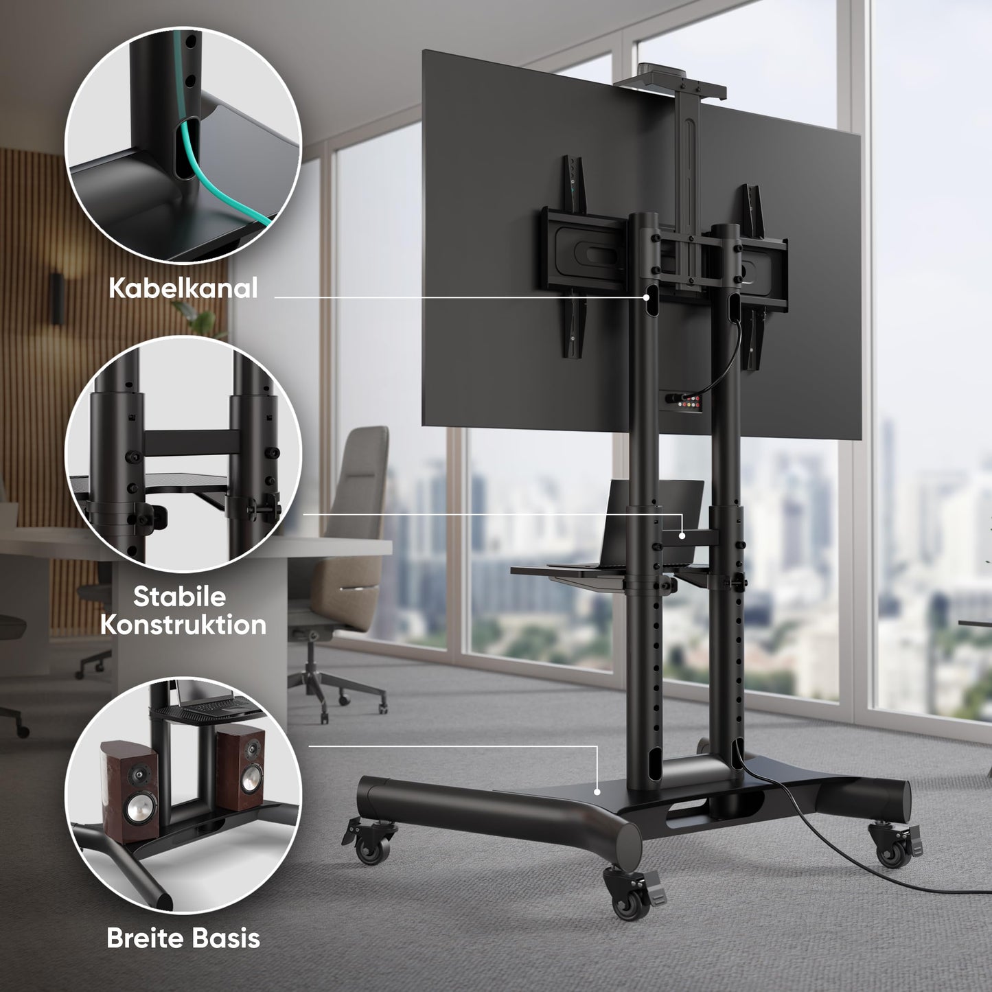ONKRON TV Ständer rollbar für 40-70 Zoll TVs bis zu 45,5 kg - Fernsehständer höhenverstellbar max VESA 600x400, professioneller Fernseher Rollwagen/TV Wagen mit Rollen Schwarz TS1551-B