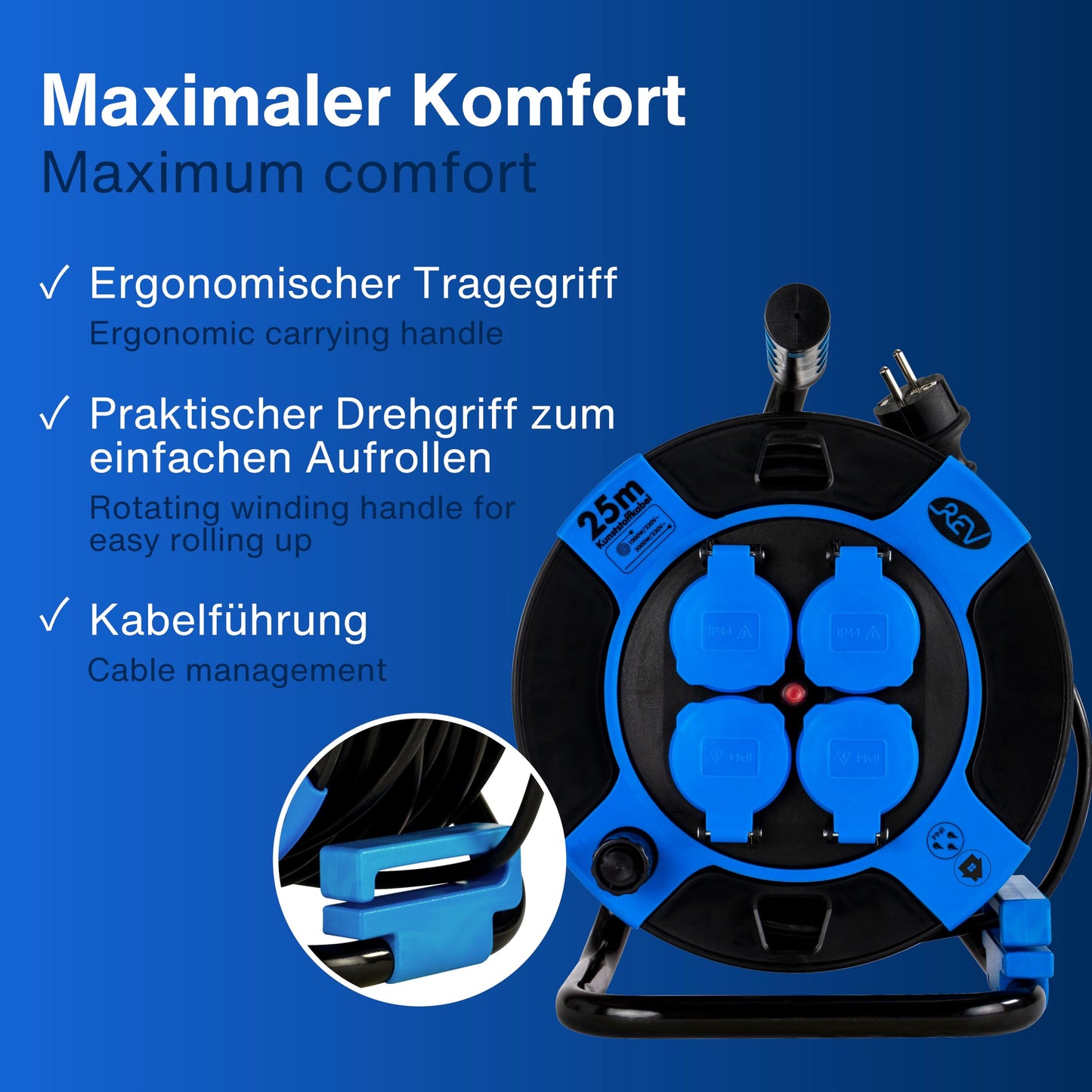 REV Kabeltrommel, IP44, Outdoor, 4 Schutzkontaktsteckdosen, 25m, schwarz