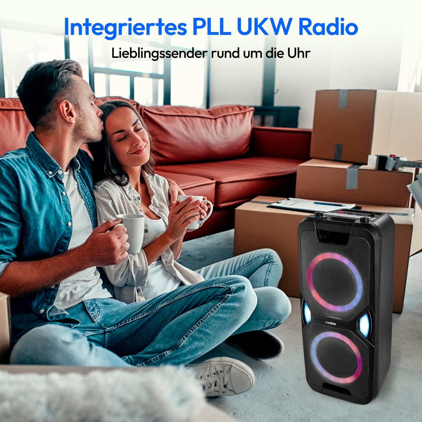 MEDION P61468 Party-Soundsystem (Partylautsprecher inkl. Mikrofon, Karaoke, Akku, UKW Radio, Bluetooth 5.0, Kompaktanlage, 2X 220 Watt, Farbige LED, USB, AUX, 2X Mikrofonanschluss)