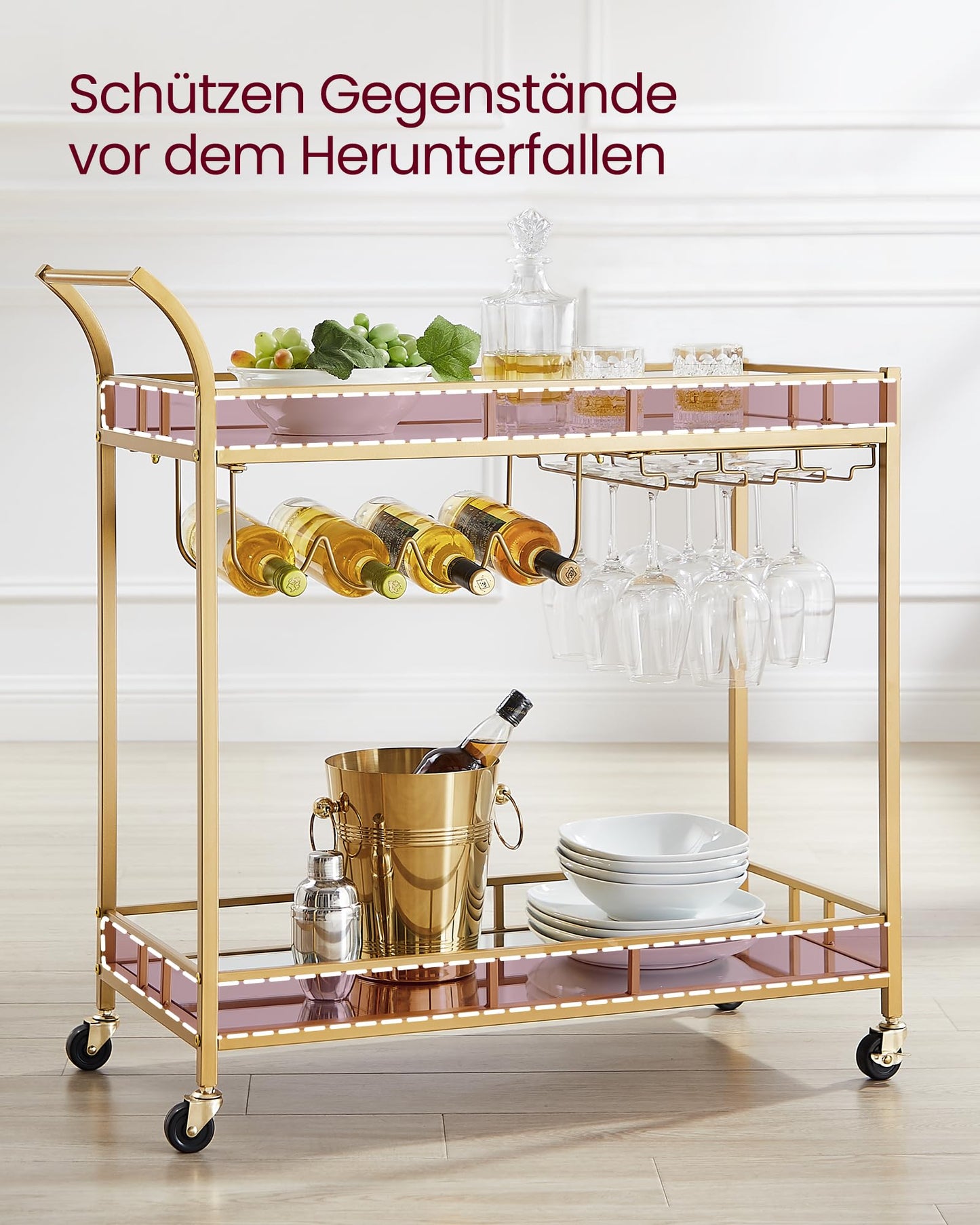 VASAGLE Servierwagen, Rollwagen, Gläserhalter, 2 verspiegelte Glasablagen, Barwagen, Weinwagen, für Küche, Esszimmer, Bar, goldfarben LRC090A03