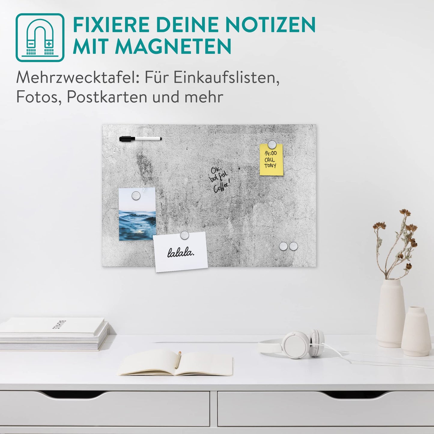Navaris Magnettafel - 40 x 60 cm Groß - Graues Design Holz Magnet Board für die Wand - Memoboard inklusive Magnet & Schwarzem Marker - Notiz Brett für Küche
