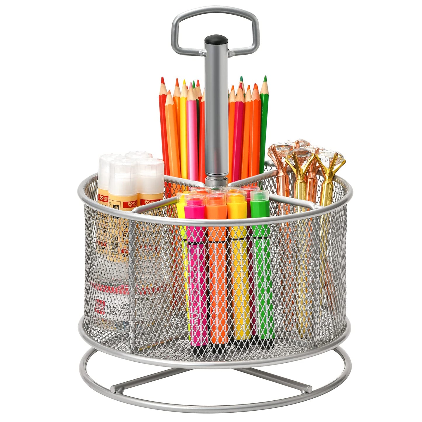 Marbrasse Mesh Schreibtisch Organizer,360Grad Drehbarer Multifunktionaler Stifthalter,4Fächer,Stiftehalter,Aufbewahrungsbox für Zuhause, Büro Stifthalter (Silber)