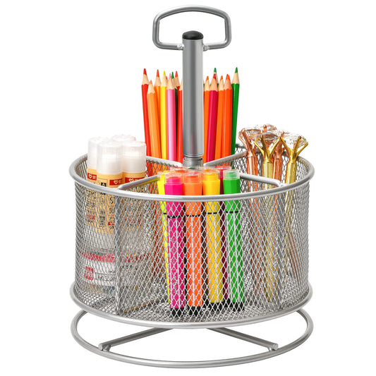Marbrasse Mesh Schreibtisch Organizer,360Grad Drehbarer Multifunktionaler Stifthalter,4Fächer,Stiftehalter,Aufbewahrungsbox für Zuhause, Büro Stifthalter (Silber)
