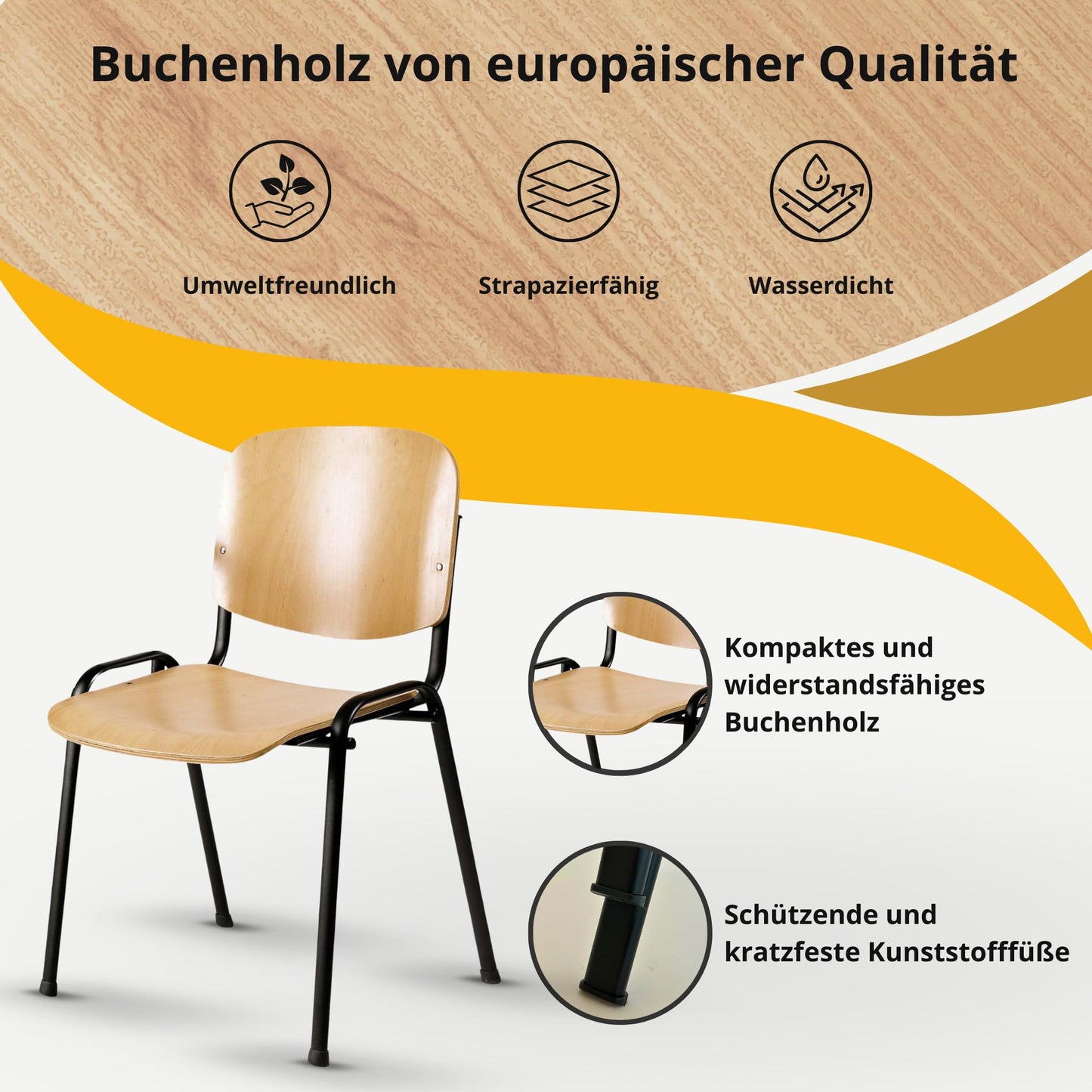 Topsit 4er-Set Stapelbare Besucherstühle mit Holz-Sitzfläche und schwarzem Metallgestell, Ideal für Konferenz und Wartebereiche